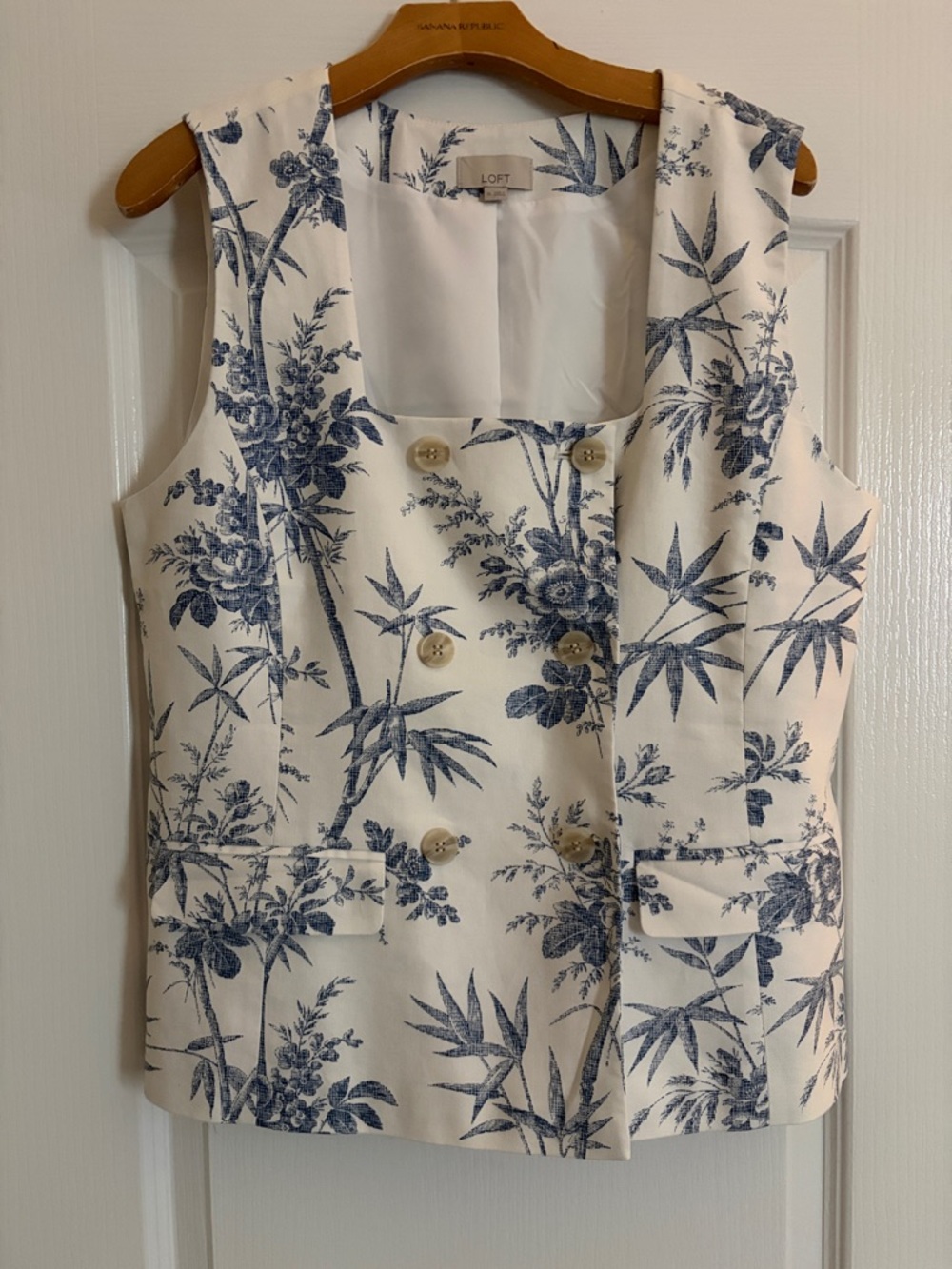 LOFT White and Navy Floral Double-Breasted Vest